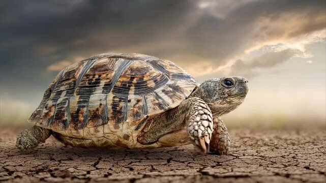 A tortoise walks across cracked earth, beneath a dramatic sky, focused on the journey