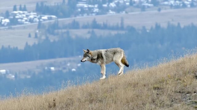 A wolf walks across a grassy hillside, overlooking a distant town and blurred mountain range