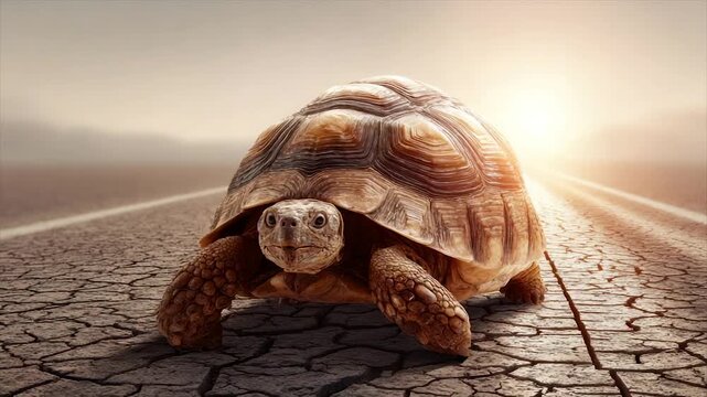 A tortoise walks resolutely down a cracked road towards a bright, distant sun