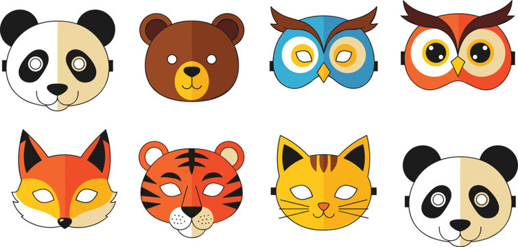 Cute Animal Face Mask Flat Vector Icon Set Featuring Rabbit, Bear, Owl, Fox, Tiger, Cat, and Panda Masks Isolated on White Background for Kids Party Design