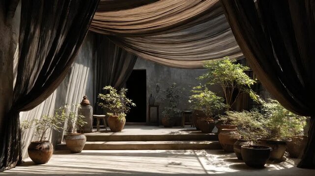 An ornate courtyard with draped fabric, potted plants, and steps leading to a dark doorway