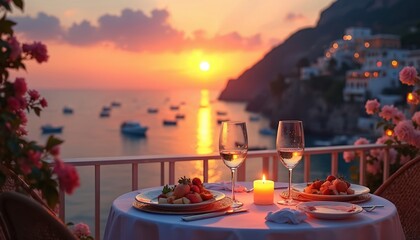 Fototapeta premium Romantic dinner for two on Italian coast terrace at sunset. Sea view with boats. Table set with wine glasses fruit plate and candle. Flowers frame scene.