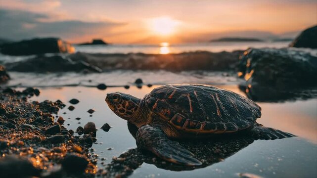 A sea turtle basks on a wet beach, facing the setting sun over ocean waves