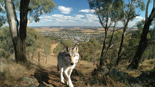 A wolf walks toward the viewer down a hillside with a town and trees visible