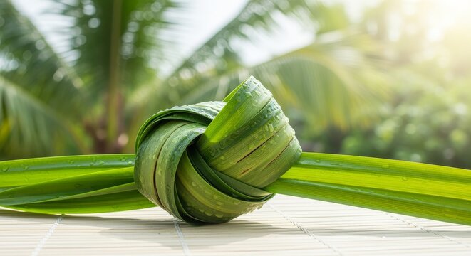 Pandan Leaf Tied in a Knot with Tropical Palm Leaves in Background