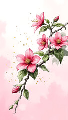 Fototapeta premium Pink Camellia Flowers Blooming on Branch with Green Leaves and Golden Dust Close-Up Detail