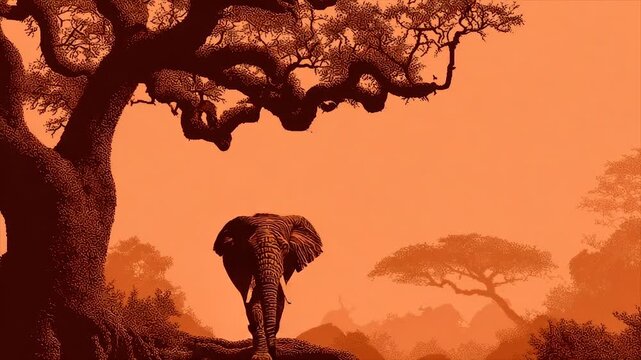 An elephant stands under a large tree with detailed branches, a sepia-toned African landscape