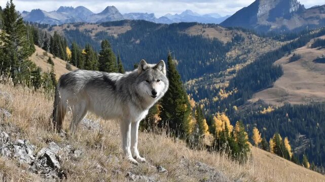 A lone wolf gazes towards the viewer on a hillside; mountain scenery in background