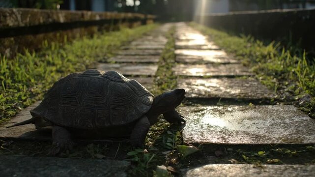 A tortoise moves along a sunlit stone path, sunlight glinting across its shell