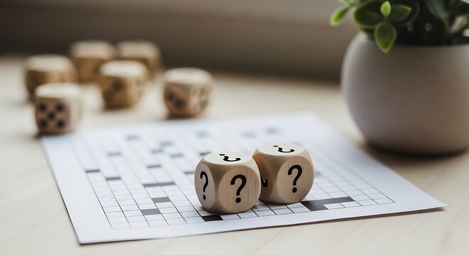 Dice with question marks on a crossword puzzle, representing riddles, challenges, and problem-solving, question mark
