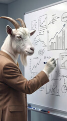 Goat in business suit analyzing financial data on whiteboard. Professional animal executive drawing growth charts and mathematical formulas in office setting.