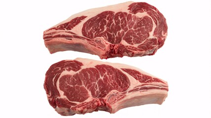 Obraz premium Two raw steaks with marbling on a white background, showcasing tender meat