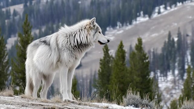 A majestic wolf with white fur stands on a rocky hill, looking pensively at a snowy landscape