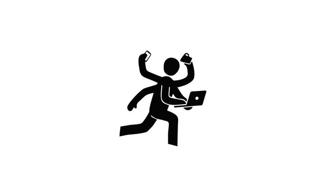 Busy multitasking worker running with devices, representing productivity, stress, time management, workload and modern work life balance in a simple silhouette icon.