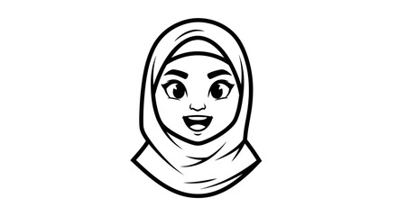 Obraz premium Happy Muslim Woman in Hijab Face Avatar - Black and White Line Art Vector