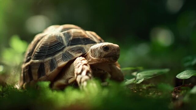 A tortoise in lush greenery, focused on its face, set against a blurred background