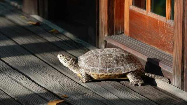 A tortoise walks on weathered wooden planks next to a wooden door, bathed in sunlight