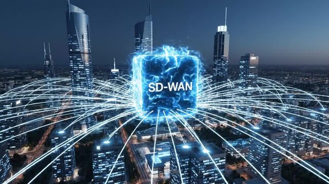 Futuristic cityscape illuminated by a powerful SD-WAN network cube, symbolizing global connectivity and advanced data infrastructure in a modern urban landscape