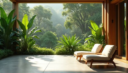 Fototapeta premium Modern patio with comfortable chairs looks out on dense green forest. Sunlight streams onto the concrete floor creating shadows. Rich plants surround the outdoor seating area.