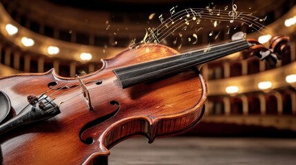 Fototapeta premium Violin Playing with Glowing Notes Floating in Majestic Theatre Setting