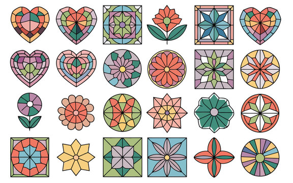 Intricate geometric patterns and heart designs with vibrant color schemes Vector