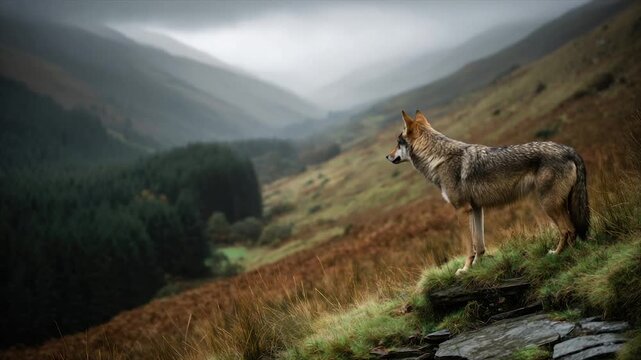 A lone wolf gazes across a misty mountain valley, observing a vast, green forest