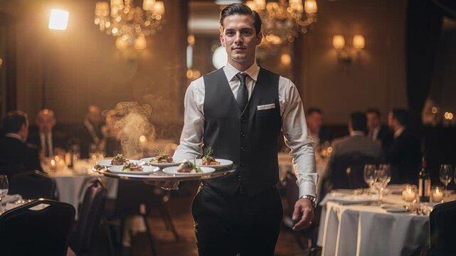Elegant culinary display. Waiter presents heated gourmet meal