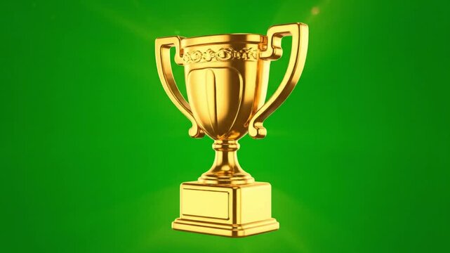Shimmering Golden Trophy Symbolizing Victory and Success on a Bright Green Background, Representing Achievement and Recognition in Competitions and Awards