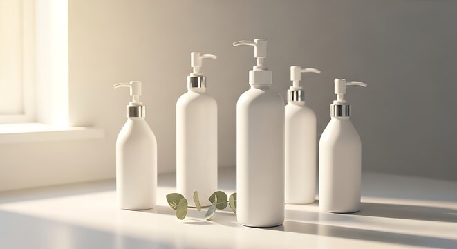 White cosmetic bottles with pump dispensers on a clean surface