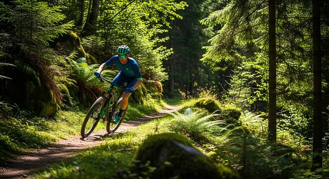 Mountain biker riding fast on a singletrack trail through a sunny green forest.