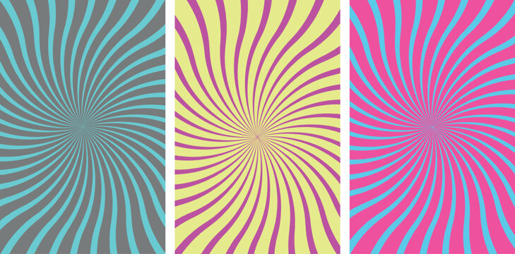 Background with spiral sunburst pattern in three color variations