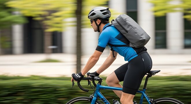 Active man commuting on a road bicycle with a backpack, side view with motion blur background.