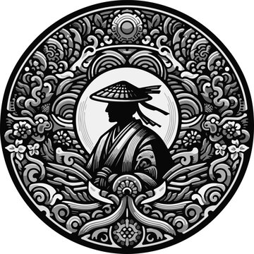 Highly Detailed Vector Logo of a Stoic Shogun or Buke Figure in Traditional Armor and Robes, Suitable for Martial Arts and Gaming Branding