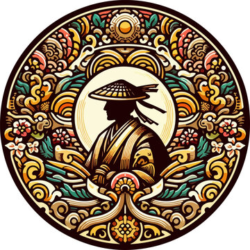 Highly Detailed Vector Logo of a Stoic Shogun or Buke Figure in Traditional Armor and Robes, Suitable for Martial Arts and Gaming Branding.
