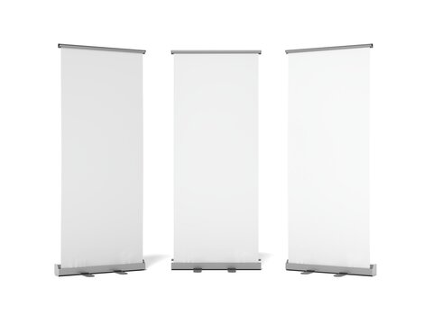 Set of three blank roll up banner stands mockup multiple vertical exhibition displays realistic 3d render trade show event