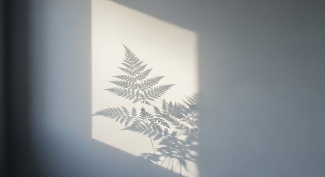 Fern shadow on wall. Botanical light effect. Minimalist aesthetic. Natural light background.