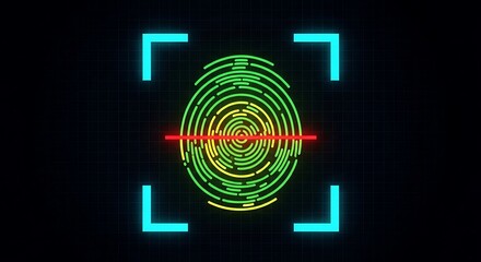 Fototapeta premium Green fingerprint scan with red line and blue corners on grid