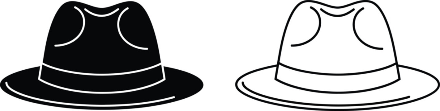 Fedora Hat Icons: Solid and Outline Styles Vector