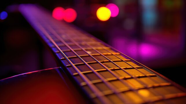 Close-up view of gleaming steel guitar strings stretched taut over the fretboard with vibrant bokeh background lighting