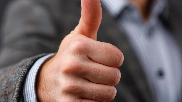 Thumbs Up Approval: A close-up shot of a well-dressed individual's hand, displaying a thumbs-up gesture, symbolizing agreement, approval, or a positive outlook. 