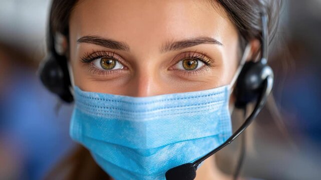 Empathy in Eyes: An empathetic contact center agent with kind eyes wearing a protective face mask and a headset, embodying care and support.