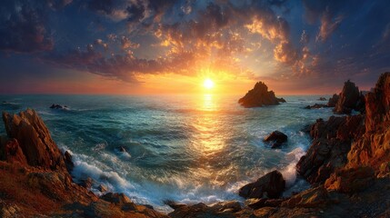 Obraz premium Majestic Sunset Over Rocky Seashore Illuminating Waves and Clouds in a Turquoise Sea Landscape