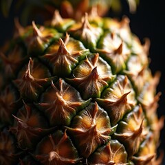 Fototapeta premium Pineapple skin macro detail shows natural geometric scale texture. Sharp spiky elements contrast with smooth segmented areas. Tropical fruit surface under studio light.
