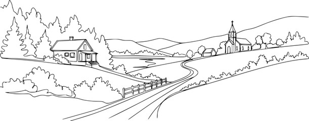 Obraz premium Rural landscape continuous one line vector drawing. Lake house in the woods hand drawn silhouette. Country nature panoramic sketch. Village minimalistic contour illustration.