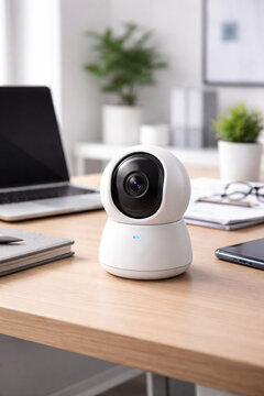 A compact, modern security camera with a smooth white finish and spherical lens design is positioned on a clean wooden desk in a contemporary office setting.