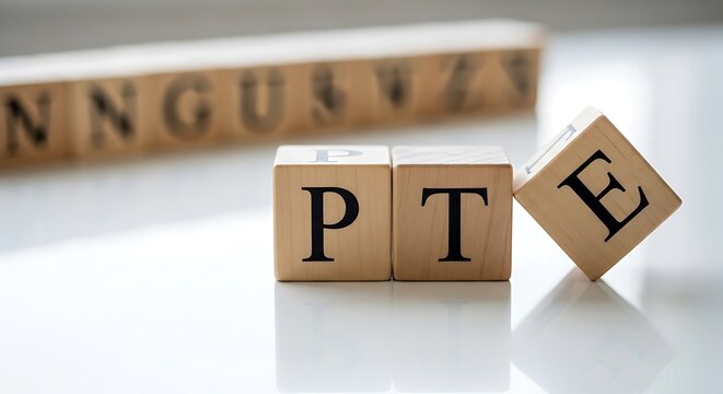 Pte acronym on wooden blocks, representing pearson test of english for language assessment, copy space