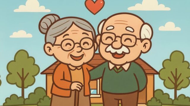 Everlasting Love: A heartwarming illustration of an elderly couple, their faces etched with smiles and the sweet glow of enduring affection. Together, under a sky of gentle hues.