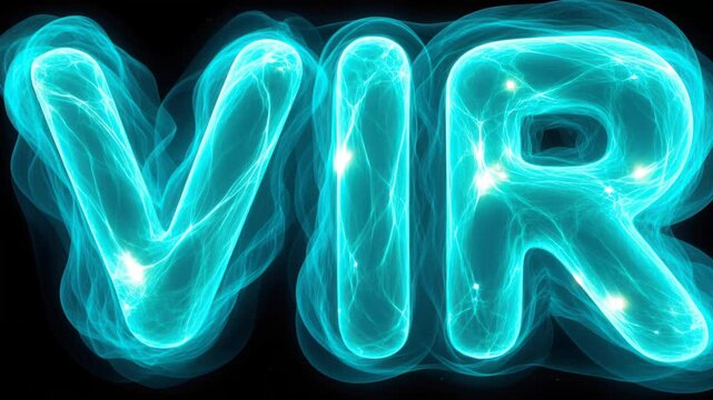 Mysterious VIR: The word VIR is artistically presented with a mesmerizing, smoky, and luminous effect, bathed in vibrant neon blue against a deep black backdrop, creating an aura of enigmatic allure.