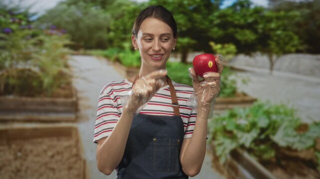 Woman in apron and gloves holding red apple, finger to lips for silence in forest garden beds; playful healthy eating.