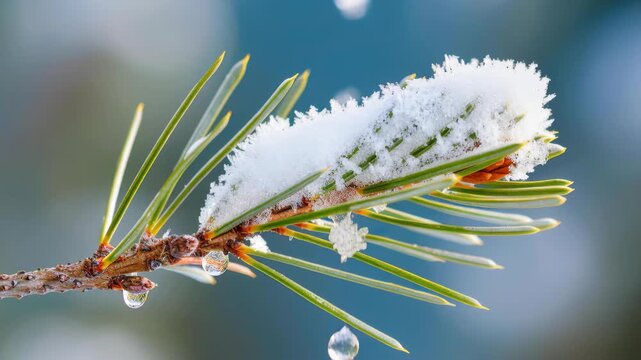 Winter's Delicate Embrace: A close-up view unveils the intricate beauty of a pine branch, adorned with a delicate blanket of fresh snow and glistening droplets.